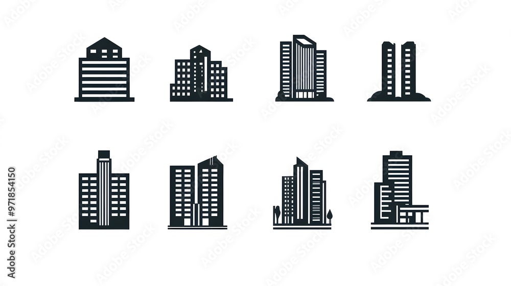 Eight Black and White Building Icons on White Background Eight Black and White Building Icons on White Background