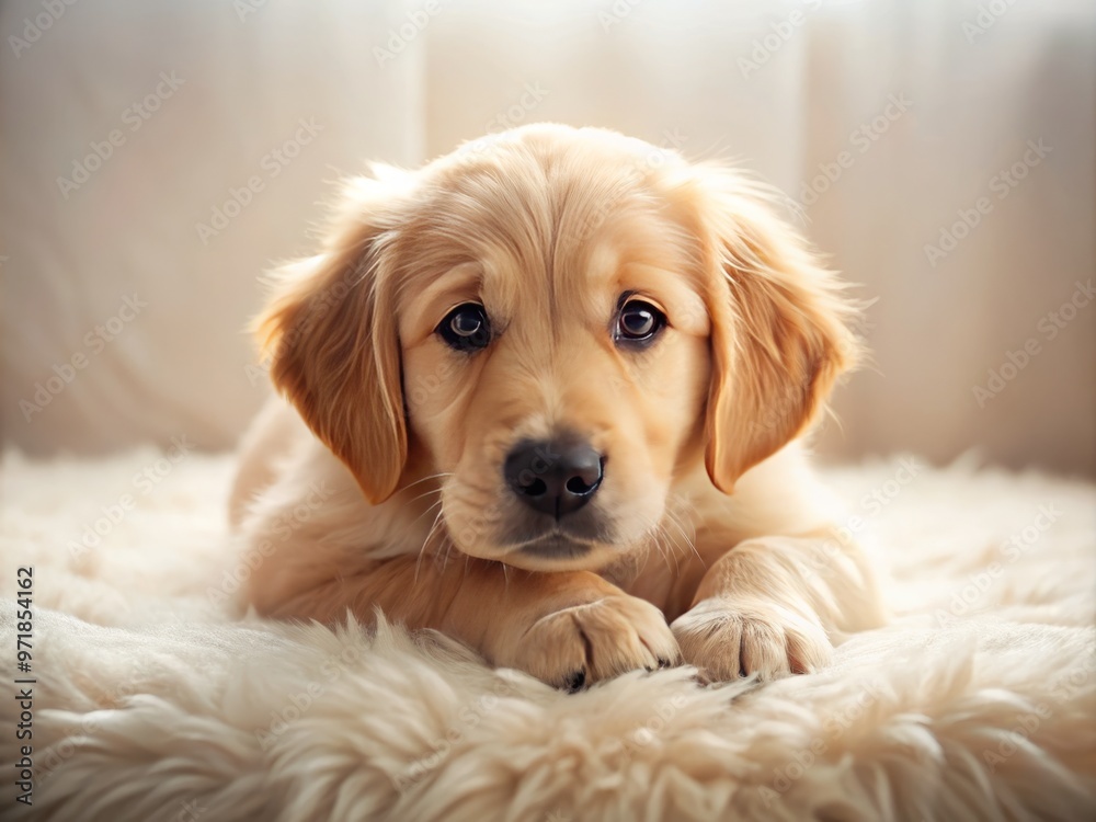 Adorable fluffy 9-week-old golden retriever puppy lies on its side, paws curled, fluffy fur glowing in soft natural