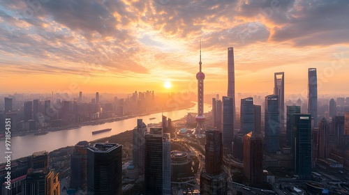 Aerial View of Shanghai Skyline at Sunrise with the Pearl Tower and Other Skyscrapers photo