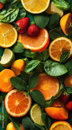 Fototapeta Naklejka Na Ścianę i Meble -  A close-up of fresh fruits and herbs creates an eye-catching design for businesses in the health or culinary industry