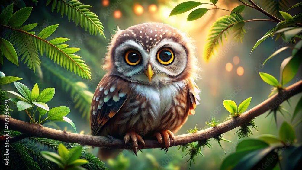 Adorable owl perched on a branch, surrounded by lush greenery, with soft feathers and big round eyes, perfect Adorable owl perched on a branch, surrounded by lush greenery, with soft feathers and big round eyes, perfect
