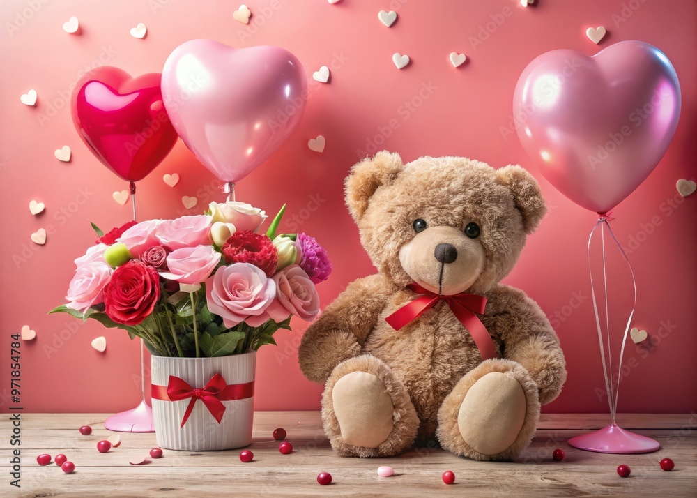 Adorable teddy bear surrounded by heart-shaped balloons, flowers, and candies, set against a soft pink background,