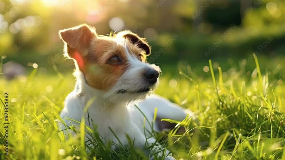 An adorable dog lounging on the lush green grass in a sunlit spring park An adorable dog lounging on the lush green grass in a sunlit spring park