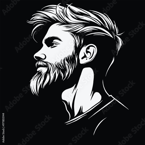 Black and white vector graphic of a side profile portrait of a man with a beard and a haircut on the sides, against a solid black background