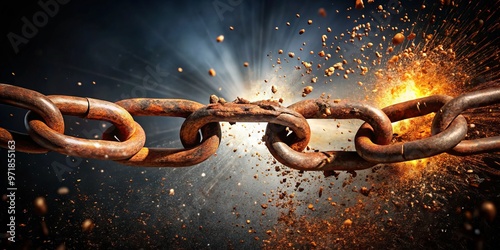 A dramatic, high-contrast image of a rusty chain snapped in two, with broken links scattered around, symbolizing