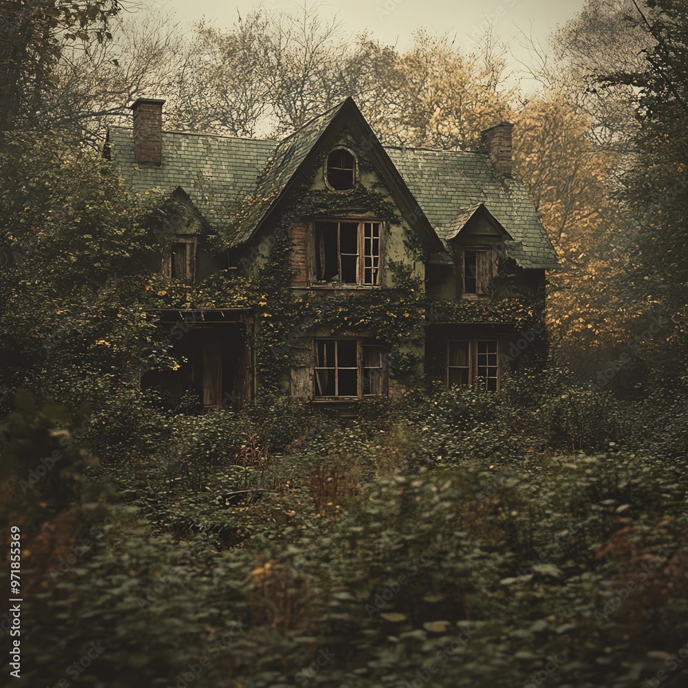 Creepy abandoned house in the woods, broken windows, overgrown vines, ghostly figures inside, Halloween horror Creepy abandoned house in the woods, broken windows, overgrown vines, ghostly figures inside, Halloween horror