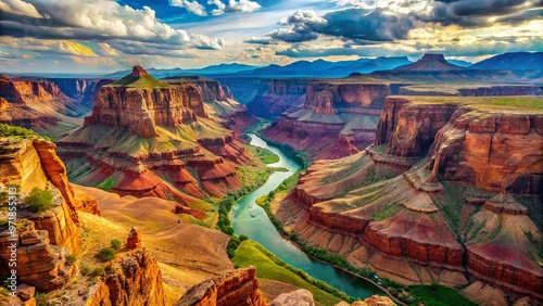 Aerial view of the iconic Grand Canyon, Arizona, USA, showcasing the vast expanse of rust-colored rocky formations, #971855313