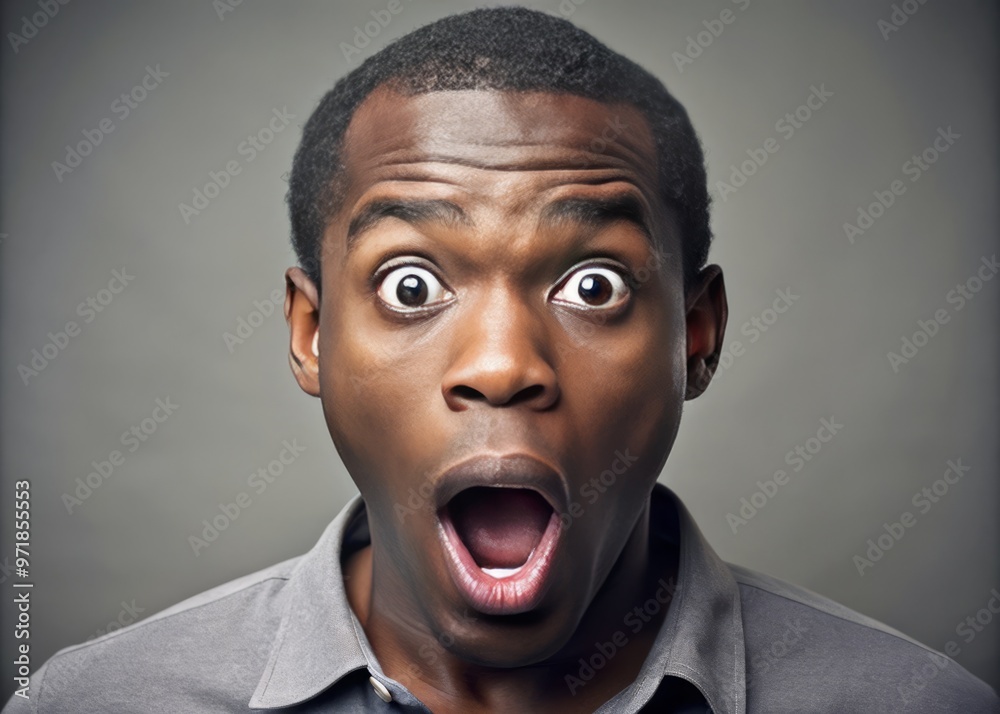 African American male with a stunned expression, eyes wide open, mouth agape, and raised eyebrows, conveying surprise African American male with a stunned expression, eyes wide open, mouth agape, and raised eyebrows, conveying surprise