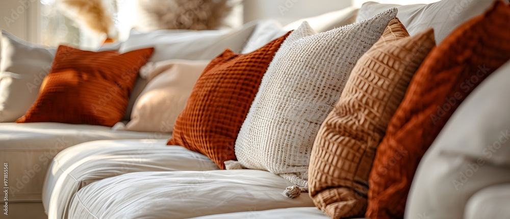Beige fabric sofa with pillows. Beige fabric sofa with pillows.