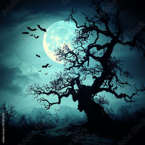 Eerie Halloween full moon, bats flying, twisted tree silhouettes, dark sky, spooky night