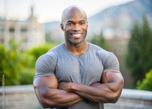 African American male with muscular build and shaved head, smiling warmly while standing confidently with arms crossed,