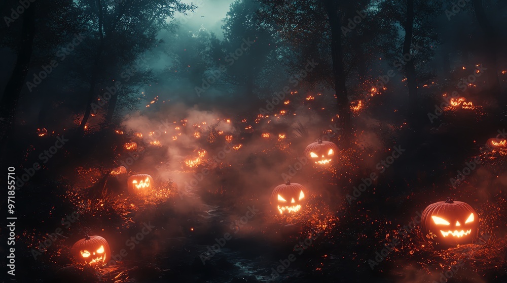 Naklejka premium Eerie Halloween mist rolling over a dark forest, glowing jackolanterns, mysterious atmosphere