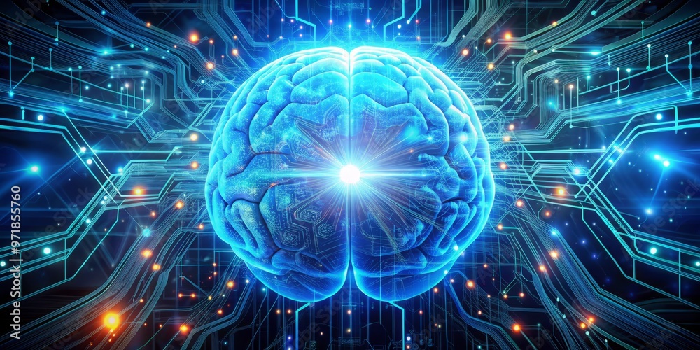 Naklejka premium A futuristic, glowing blue brain surrounded by swirling code and circuitry, representing the vast, interconnected