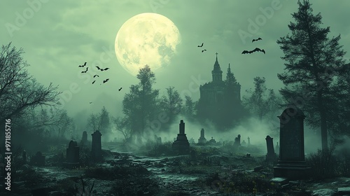 Full moon over a haunted graveyard, bats flying, twisted trees, ghostly fog, Halloween night photo