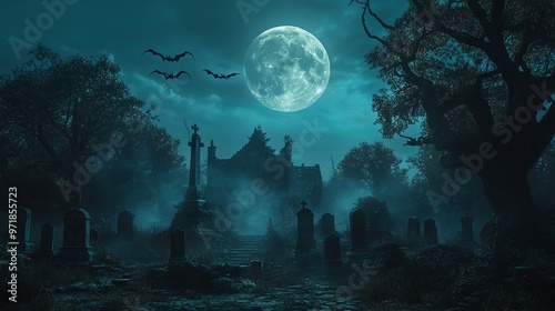 Full moon over a haunted graveyard, bats flying, twisted trees, ghostly fog, Halloween night photo