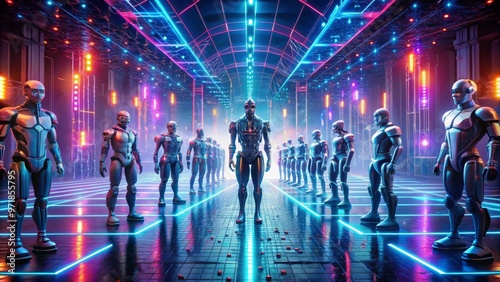 A futuristic digital realm showcases identical rows of robotic figures, each mirroring the next, surrounded by glowing photo