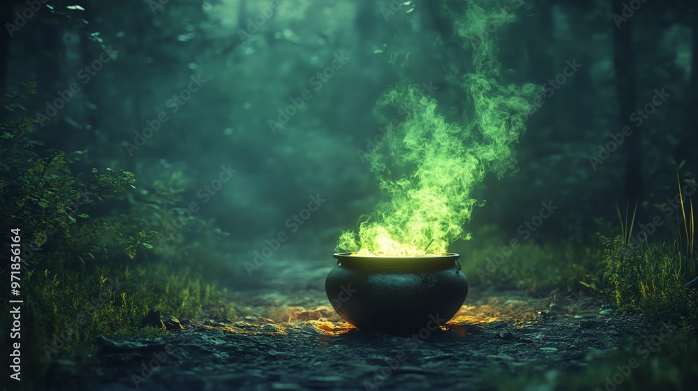 Witchs cauldron bubbling over a fire, eerie green smoke rising, dark forest background, Halloween magic Witchs cauldron bubbling over a fire, eerie green smoke rising, dark forest background, Halloween magic