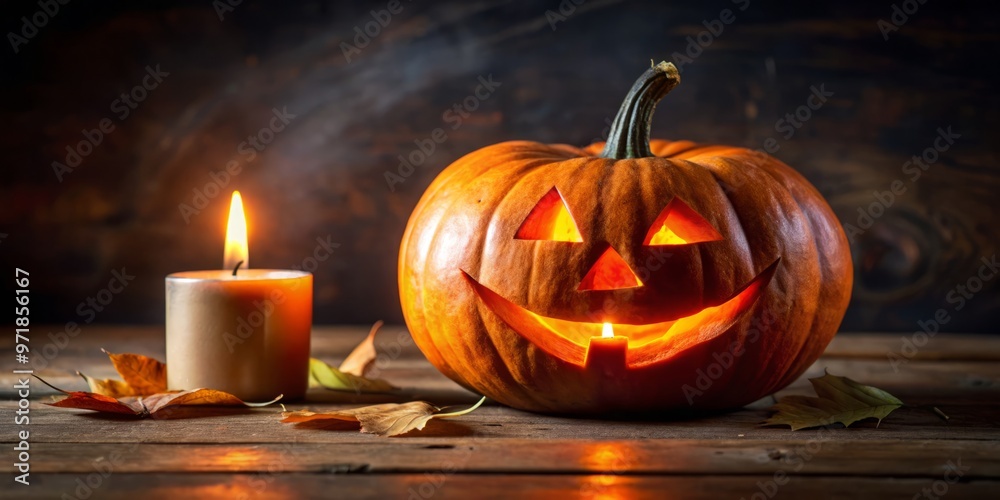 Fototapeta premium A vibrant orange pumpkin adorned with a carved face, aglow with a soft candlelight that casts a warm,