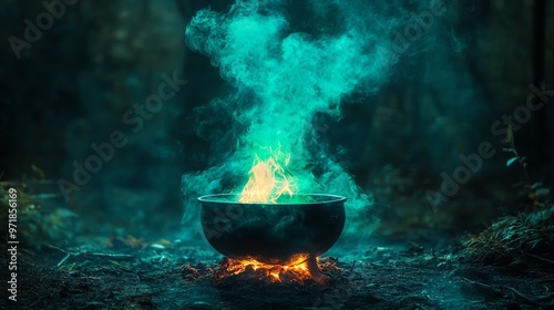 Witchs cauldron bubbling over a fire, eerie green smoke rising, dark forest background, Halloween magic