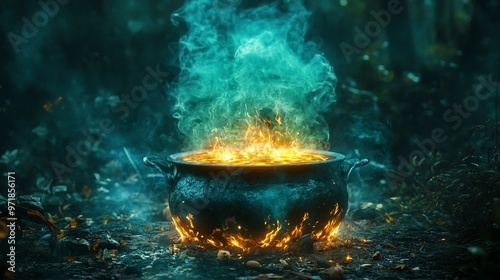 Witchs cauldron bubbling over a fire, eerie green smoke rising, dark forest background, Halloween magic