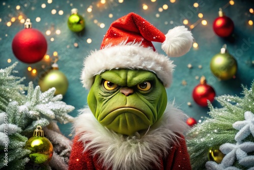 A green, grouchy creature with a scowl on its face and a Santa hat on its head, surrounded photo