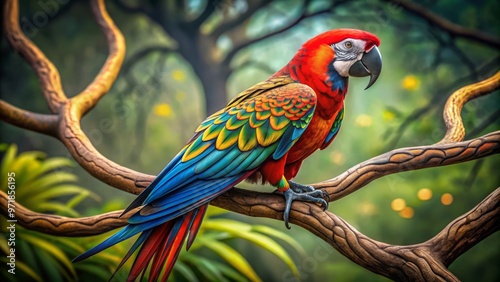 A vibrant parrot asserts dominance atop a twisted branch, its feathers adorned with vibrant tribal ink designs that photo