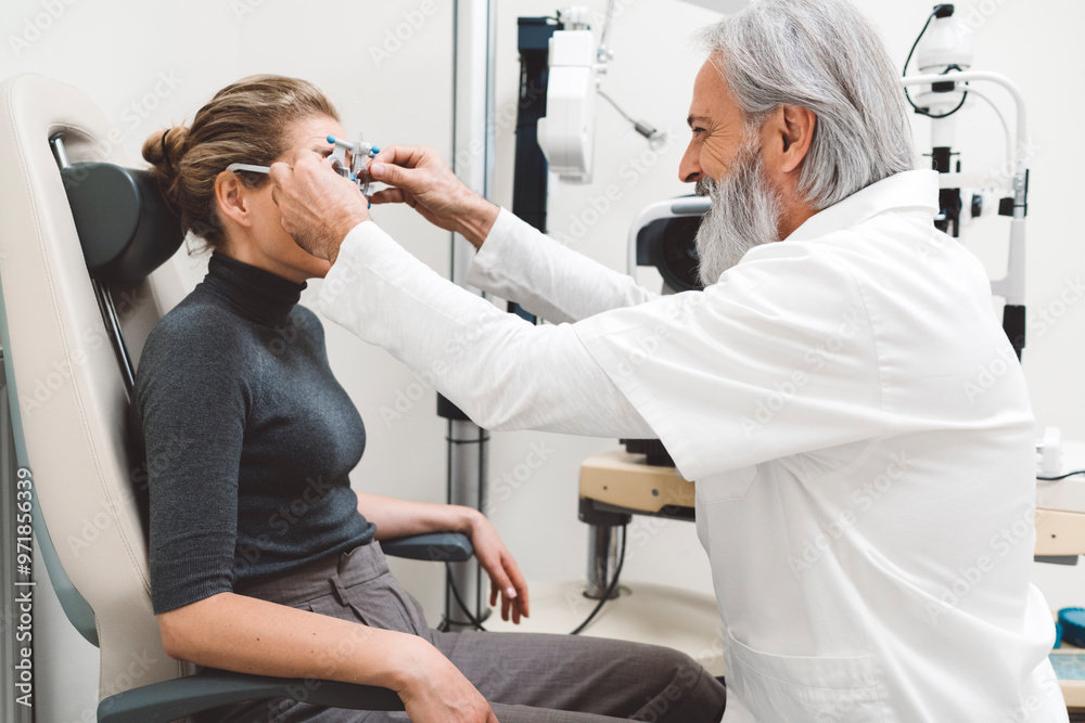 Senior ophthalmologist checking eyesight of a young smiling woman Senior ophthalmologist checking eyesight of a young smiling woman