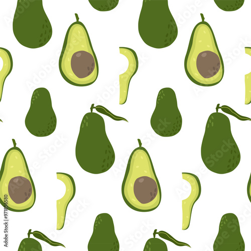 Whole and halved avocado seamless pattern. Hand drawn illustration, sketch style. Vector illustration on white background for wrapping, textile, banner, poster, organic and healthy food concept