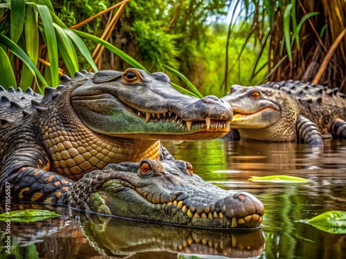 A large, ancient alligator and a long, snouted crocodile bask together in the murky waters of a swampy photo