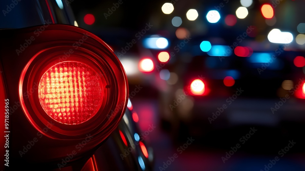 Nighttime view of a car's red brake light with blurred traffic lights in the background, capturing urban nightlife and motion. Nighttime view of a car's red brake light with blurred traffic lights in the background, capturing urban nightlife and motion.
