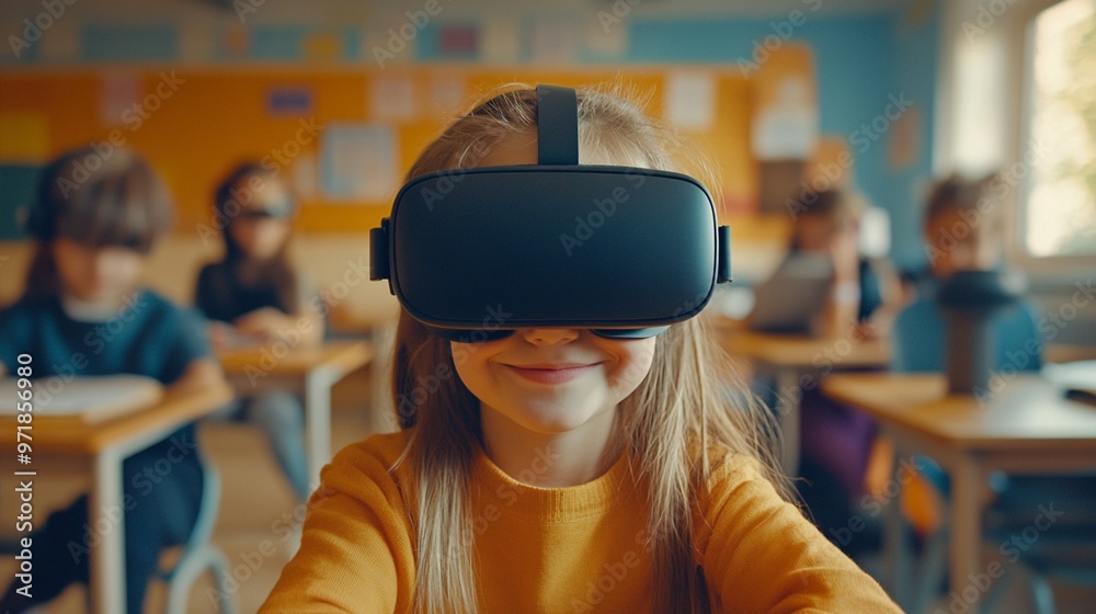 Young student explores virtual reality with VR headset in classroom, surrounded by curious classmates. Innovative technology enhances learning experience. Young student explores virtual reality with VR headset in classroom, surrounded by curious classmates. Innovative technology enhances learning experience.