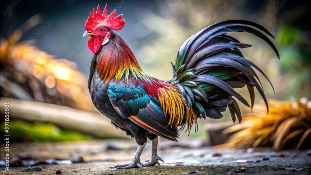 Fototapeta premium A majestic black rooster with vibrant plumage and sharp talons stands proudly, feathers ruffled, ready for battle in