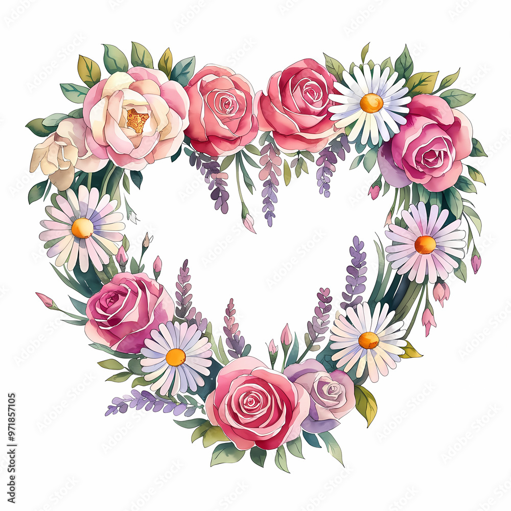 A heart-shaped wreath of flowers, Watercolor illustration A heart-shaped wreath of flowers, Watercolor illustration