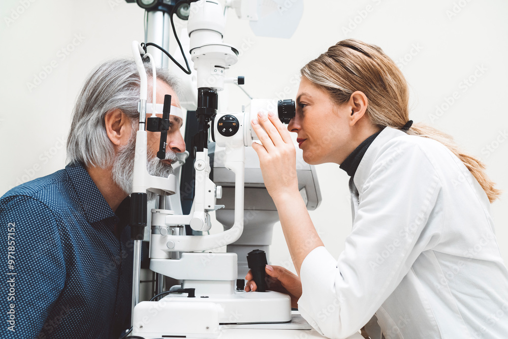 Senior man with beard doing eye test with optometrist. Patient at doctor for eye examination. Senior man with beard doing eye test with optometrist. Patient at doctor for eye examination.