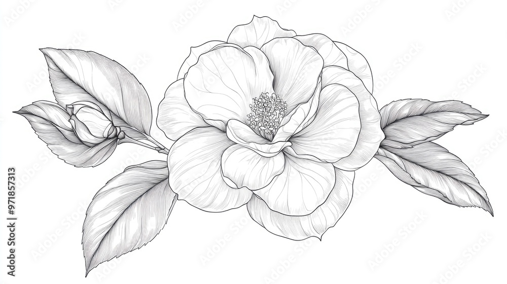Hand drawn line art illustration of a Camellia flower Detailed blooming floral design element Perfect for backgrounds and decorative purposes Hand drawn line art illustration of a Camellia flower Detailed blooming floral design element Perfect for backgrounds and decorative purposes