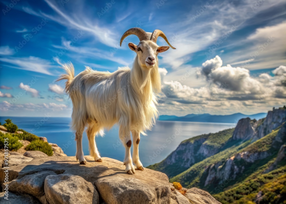 A majestic Kri Kri goat, with its distinctive curved horns and shaggy white coat, stands on a rocky A majestic Kri Kri goat, with its distinctive curved horns and shaggy white coat, stands on a rocky