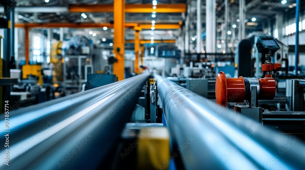 Industrial manufacturing facility with long metal pipes in foreground, showcasing modern machinery and equipment in a spacious factory setting.