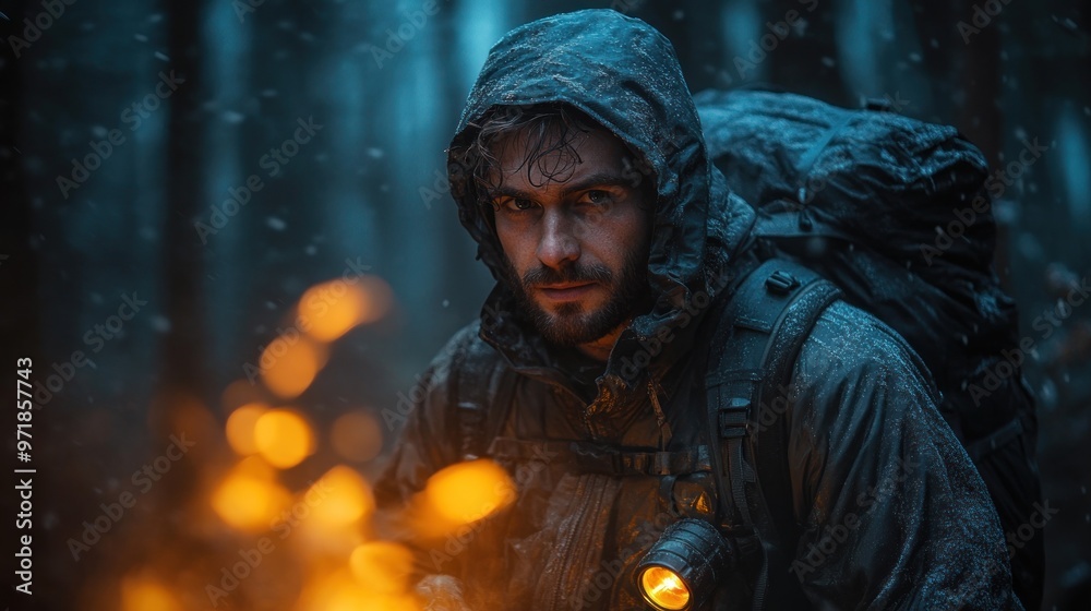 Fototapeta premium A rugged man in a raincoat stands near a glowing fire in the woods.