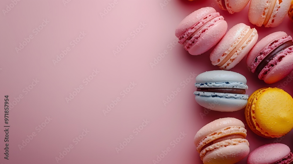 Colorful macarons on pink.