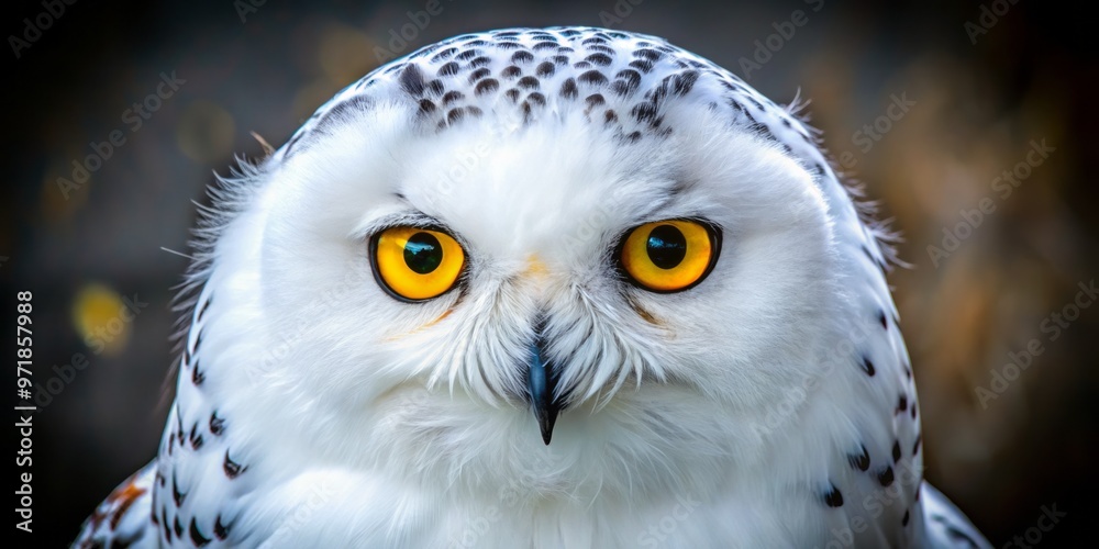 Obraz premium A majestic snowy owl's face, with piercing yellow eyes and fluffy white feathers, gazes directly at the camera,