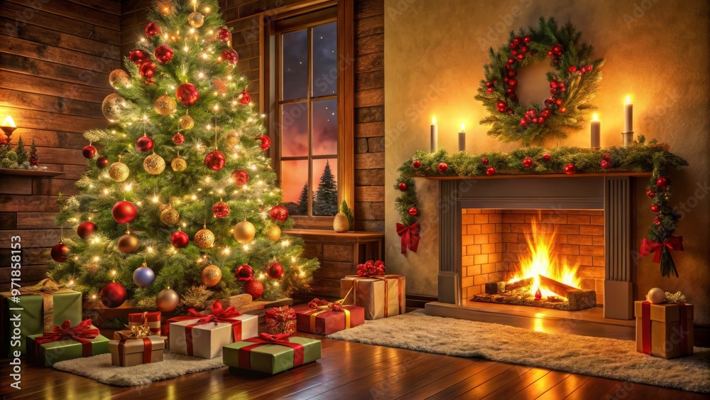 Cozy Christmas ambiance unfolds as a majestic tree twinkles, surrounded by vibrant presents and a crackling fireplace Cozy Christmas ambiance unfolds as a majestic tree twinkles, surrounded by vibrant presents and a crackling fireplace