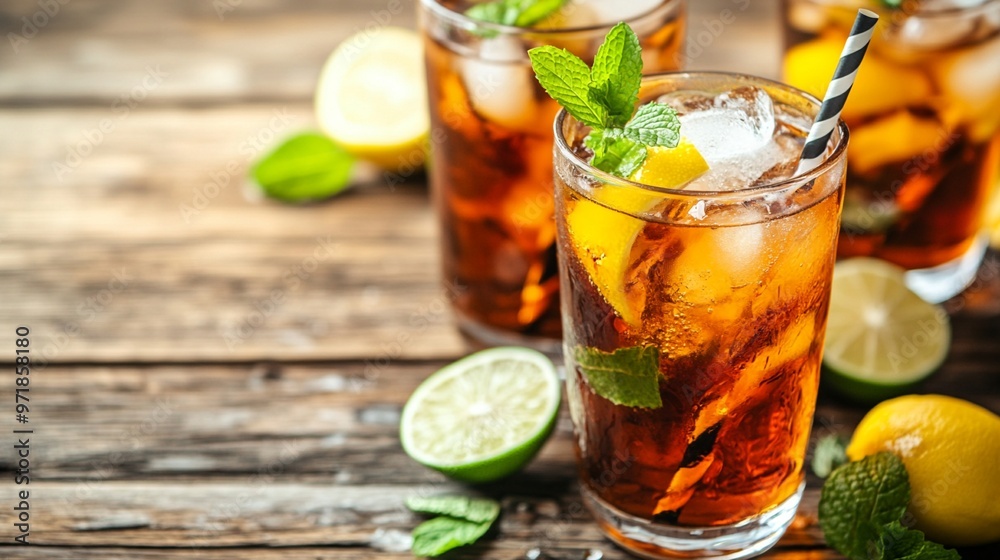 Refreshing iced tea with citrus slices and mint leaves served in tall glasses on rustic wooden table, perfect summer drink for hot days. Refreshing iced tea with citrus slices and mint leaves served in tall glasses on rustic wooden table, perfect summer drink for hot days.