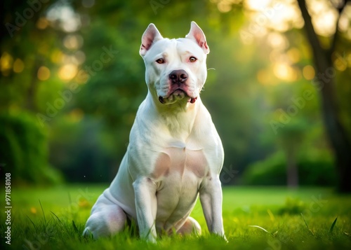 A majestic white Pitbull dog with a muscular build and gentle eyes sits regally on a patch of