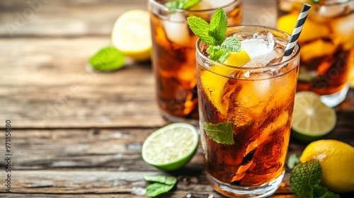 Refreshing iced tea with citrus slices and mint leaves served in tall glasses on rustic wooden table, perfect summer drink for hot days.