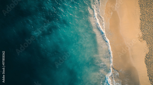 Turquoise ocean water meeting golden sand on tropical beach aerial view