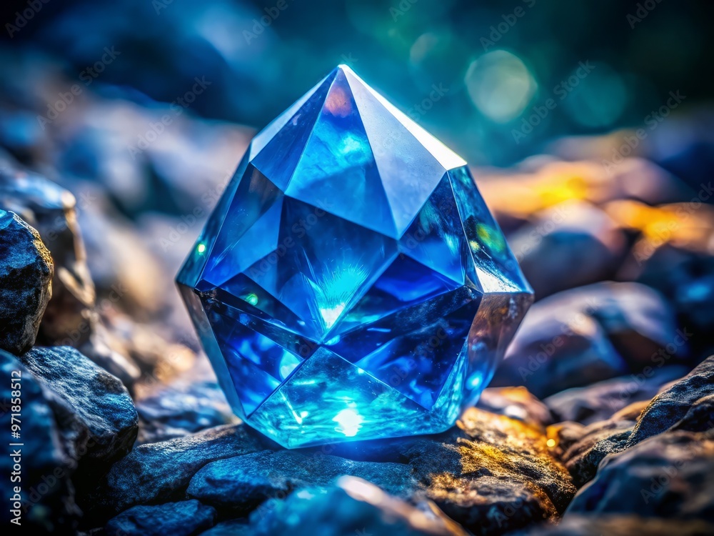 A mesmerizing blue crystal rock formation glimmers with an ethereal light, its intricate faceted surfaces reflecting