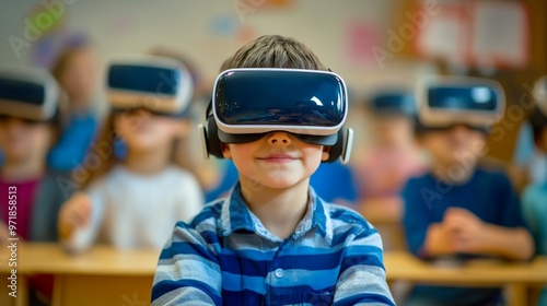 Young students explore virtual reality in a classroom setting, with one child in the foreground wearing a VR headset and smiling, surrounded by classmates.