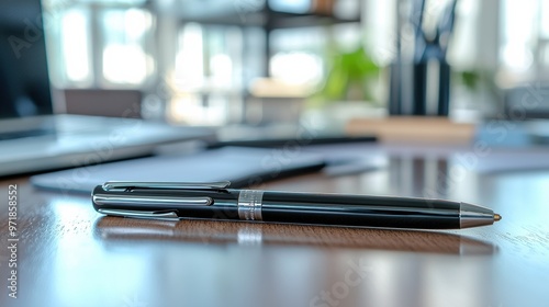 Elegant Black Pen on Office Desk with Blurred Background