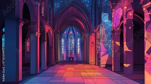 Line art illustration of videomapping featuring geometric shapes and textures displayed at a light festival in a historic church setting photo