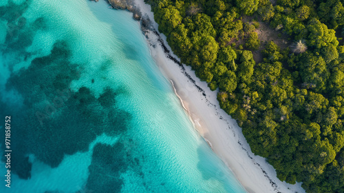 Aerial view of tropical beach separating turquoise water and green forest